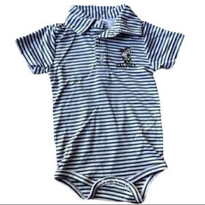 Cal Poly SLO Garb Green/White Striped Short Sleeve Embroidered Mustang Bodysuit